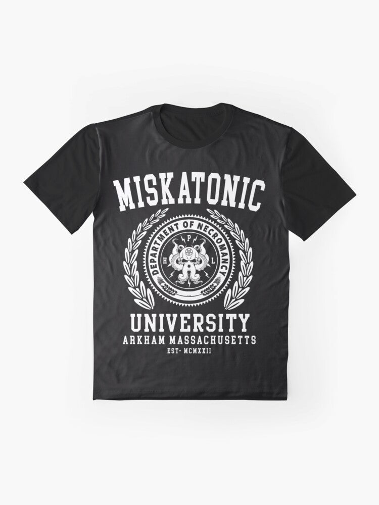 Cthulhu and HP Lovecraft inspired graphic design t-shirt with Miskatonic University logo - Flat lay