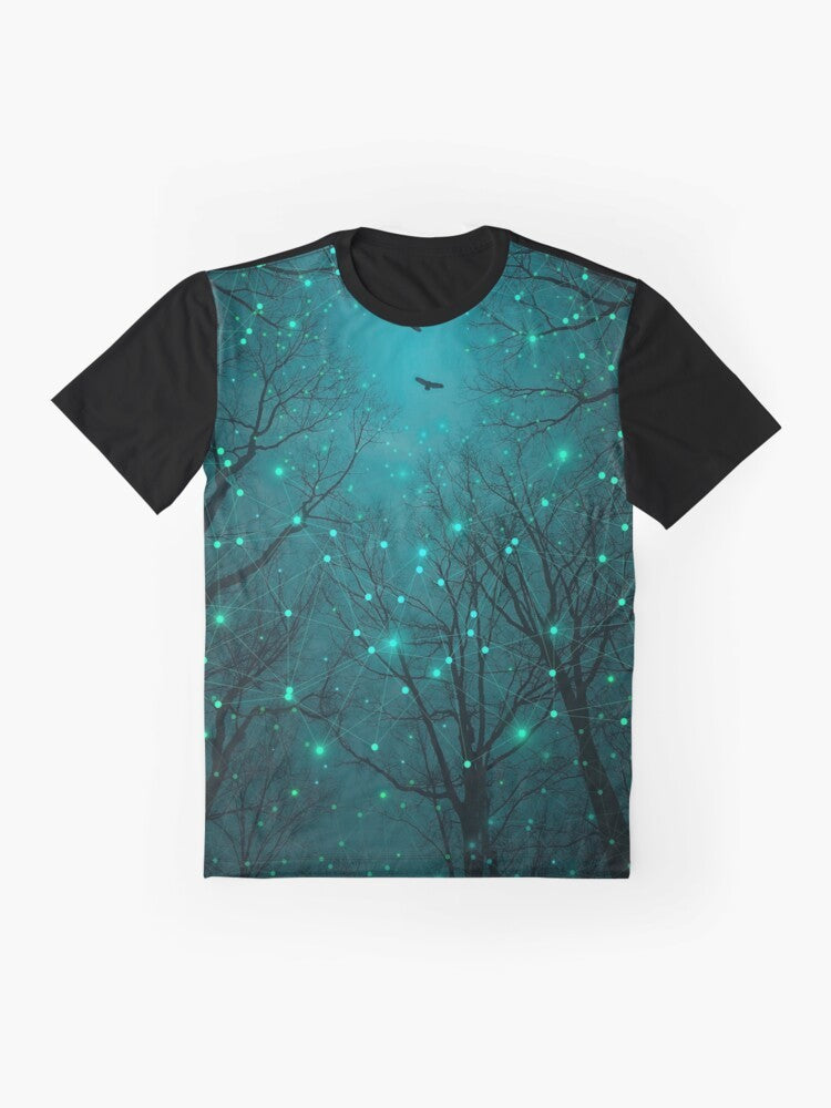 Teal galaxy night stars graphic t-shirt featuring a design of glowing stars, geometric constellations, and abstract tree artwork. - Flat lay