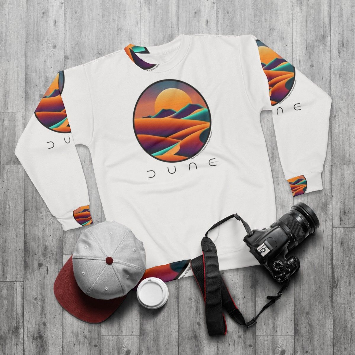 Dune landscape inspired sweatshirt with desert scenery - flat lay