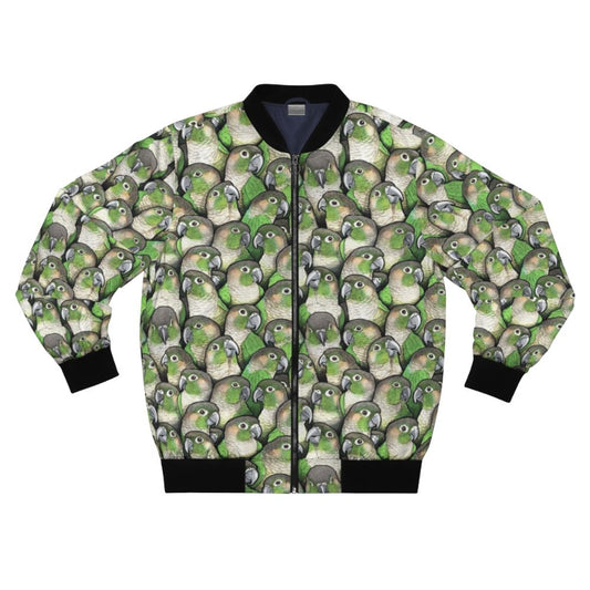 A bomber jacket featuring a green cheeked conure bird pattern