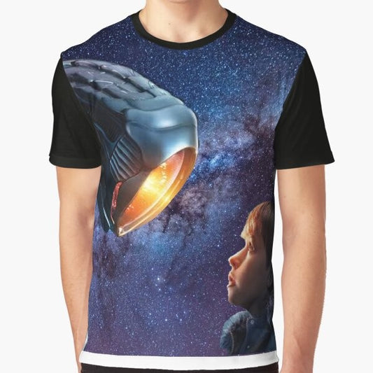 "Lost in Space" graphic t-shirt featuring a robot and alien in a space adventure