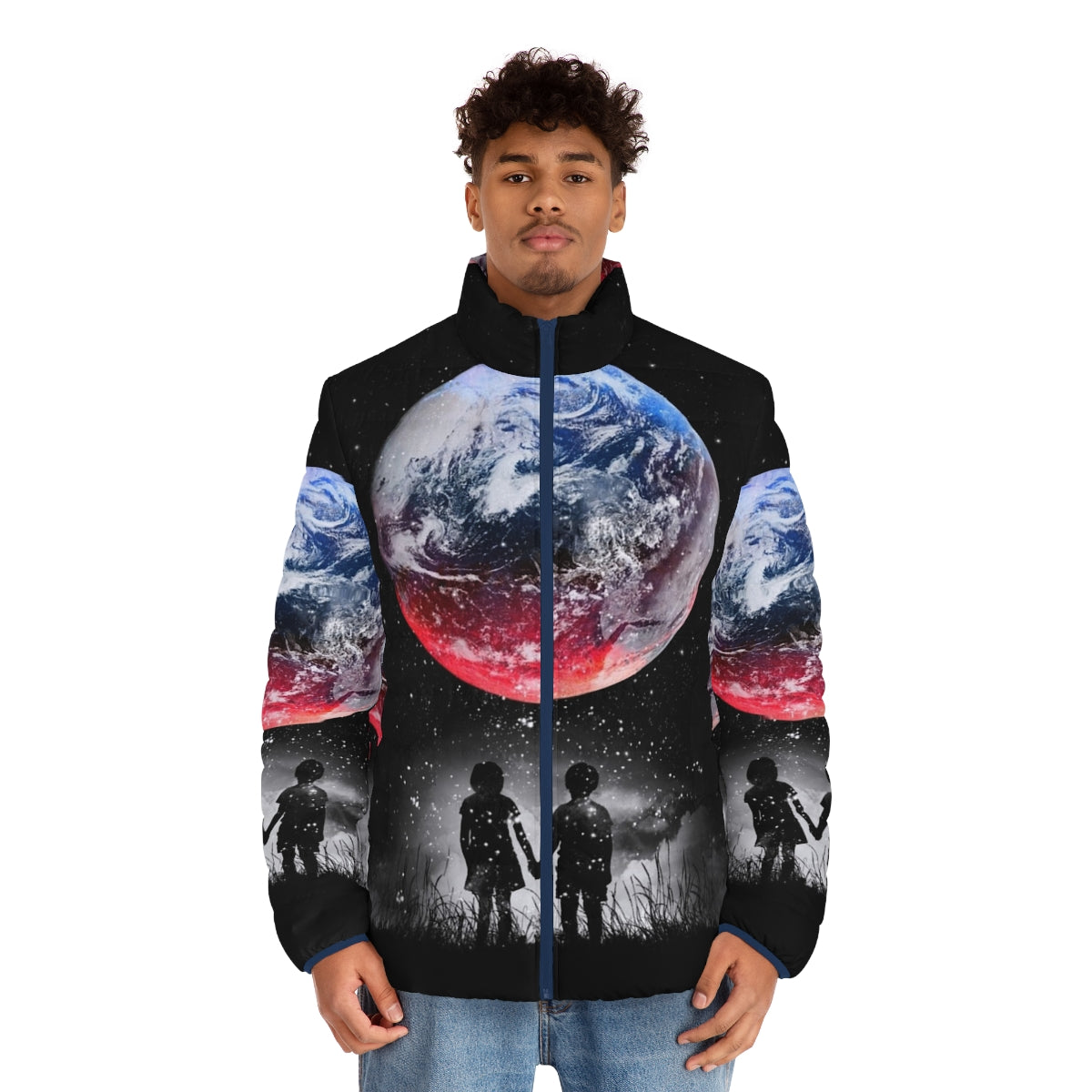 Model wearing a black puffer jacket with a space-themed design featuring stars, planets, and the universe - men front