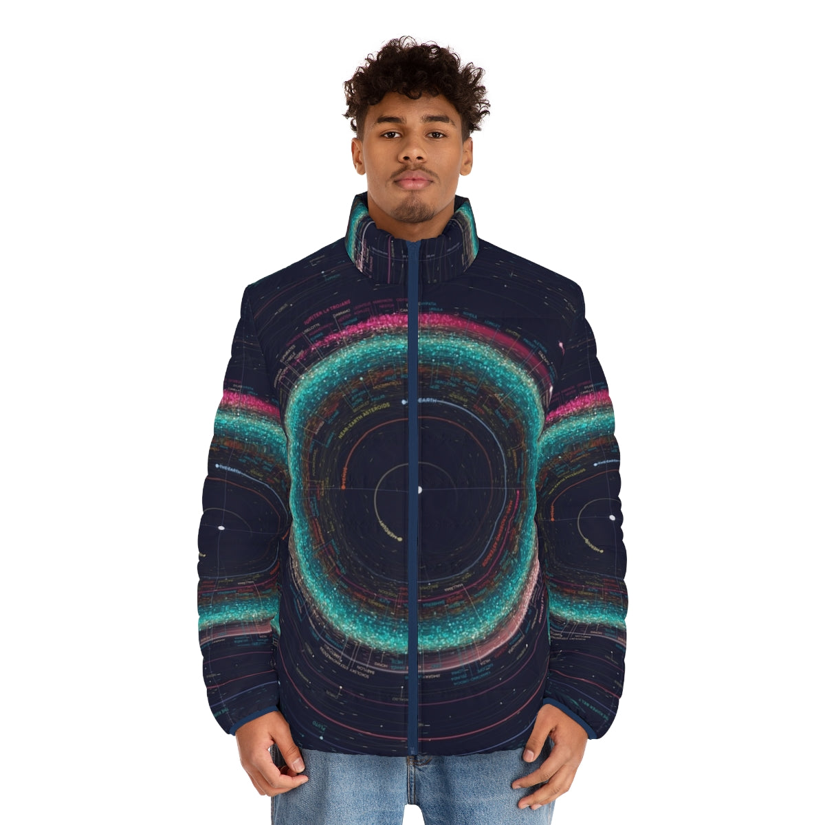 Asteroid map of the solar system printed on a puffer jacket - men front