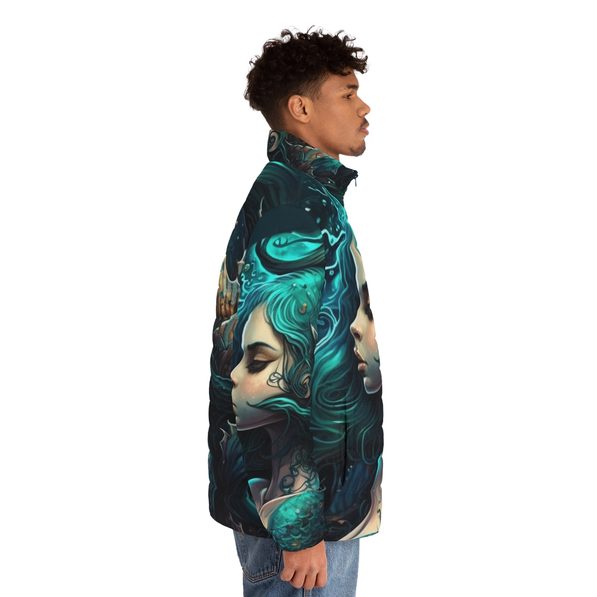 Puffer jacket featuring enchanting sea creature designs, perfect for fantasy fashion enthusiasts - men side right