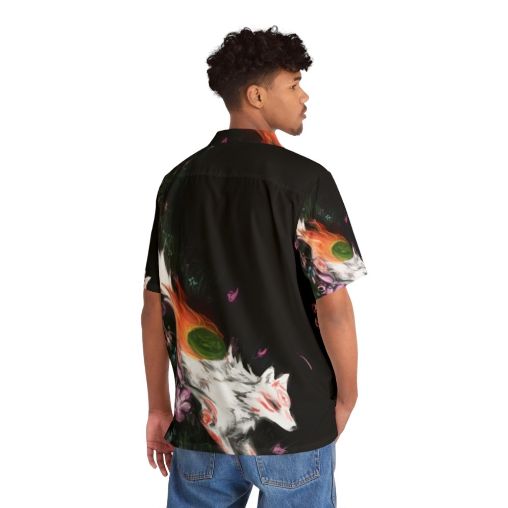 Okami inspired Hawaiian shirt featuring Amaterasu, Japanese wolf, and sakura flowers - People Back