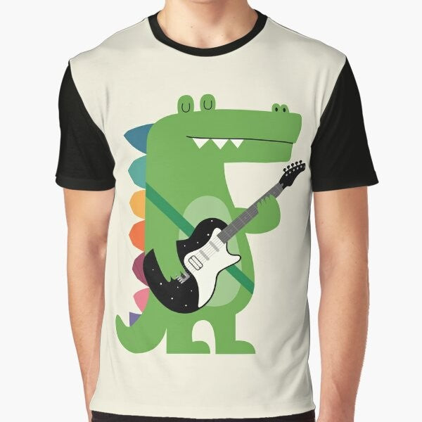 Crocodile wearing a punk rock outfit, standing in front of a rainbow background