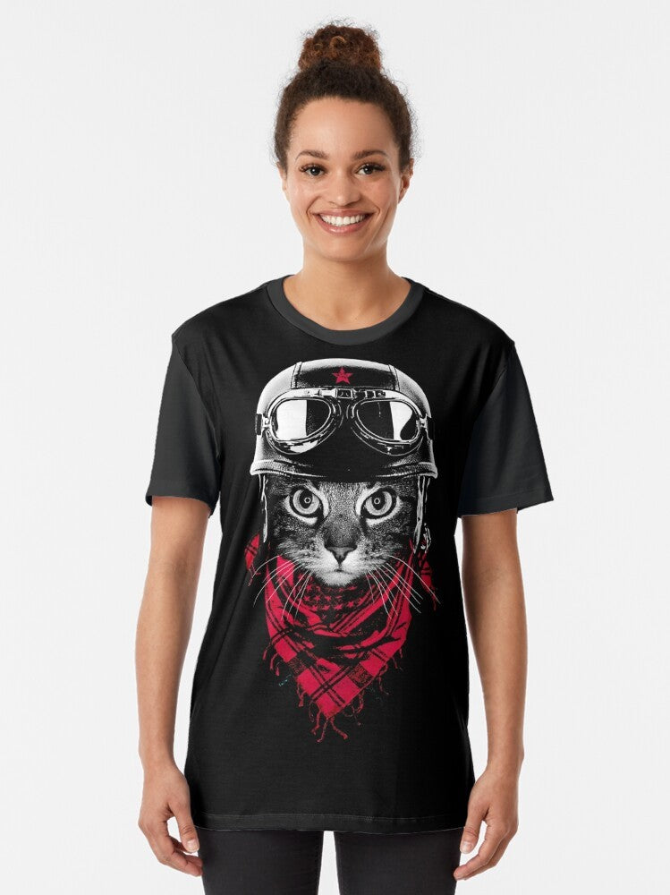 Adventurer cat graphic t-shirt featuring a cute cat in an adventure-themed design - Women