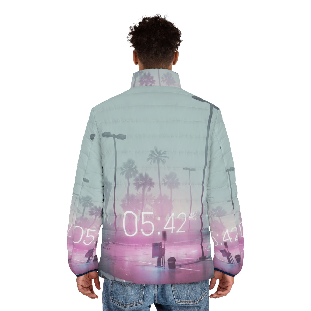 Time Puffer Jacket with vaporwave, synthwave, and retro design - men back