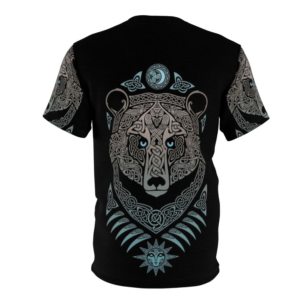 Mystical forest lord tribal t-shirt with Scandinavian mythology-inspired design featuring bears, owls, ravens, and Celtic knotwork - Back