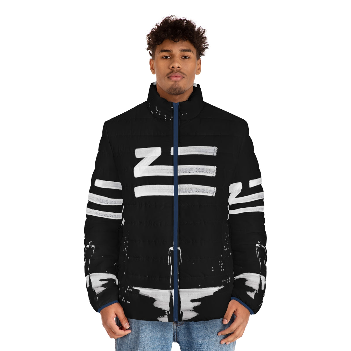 Zhu puffer jacket with electronic music and urban design elements - men front