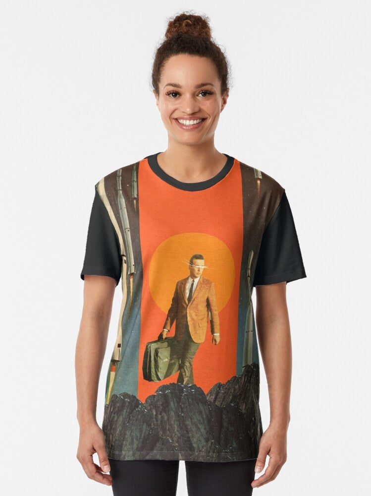 Vintage retro graphic t-shirt featuring a digital collage design with surreal, retrofuture elements of space, mountains, and abstract shapes. - Women