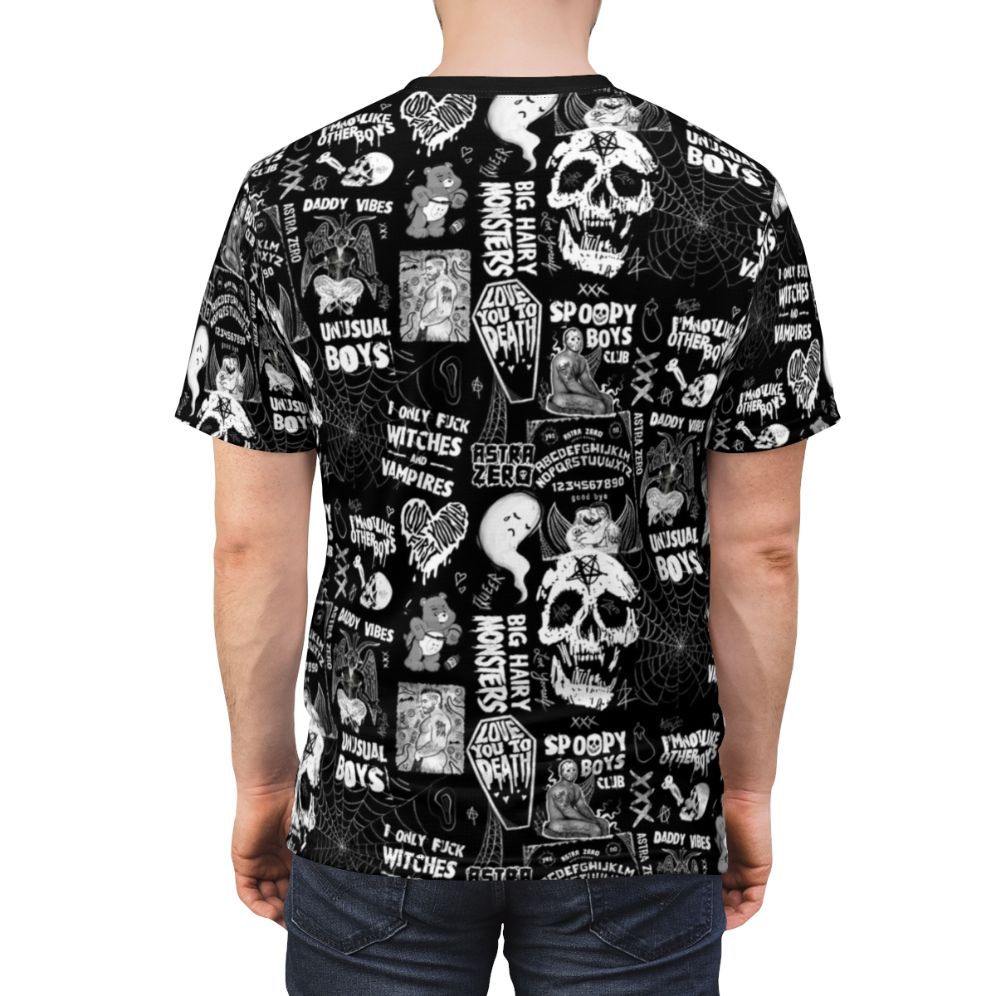 Edgy queer punk t-shirt with gothic, spooky, and supernatural design elements - men back