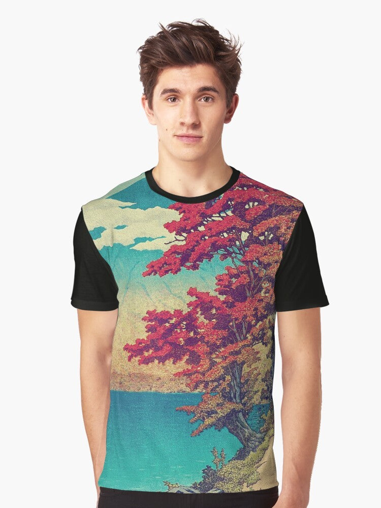 Ukiyo-e inspired landscape graphic t-shirt featuring a mountain, lake, and clouds in shades of red, blue, and summer/autumn tones - Men