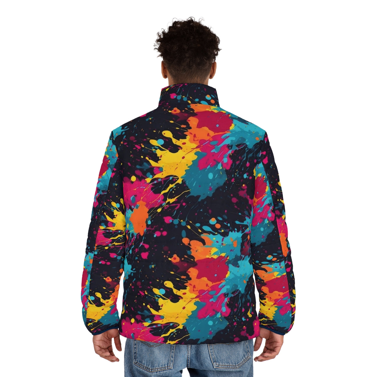 Vibrant neon paint splatter puffer jacket, featuring a bold, abstract design - men back