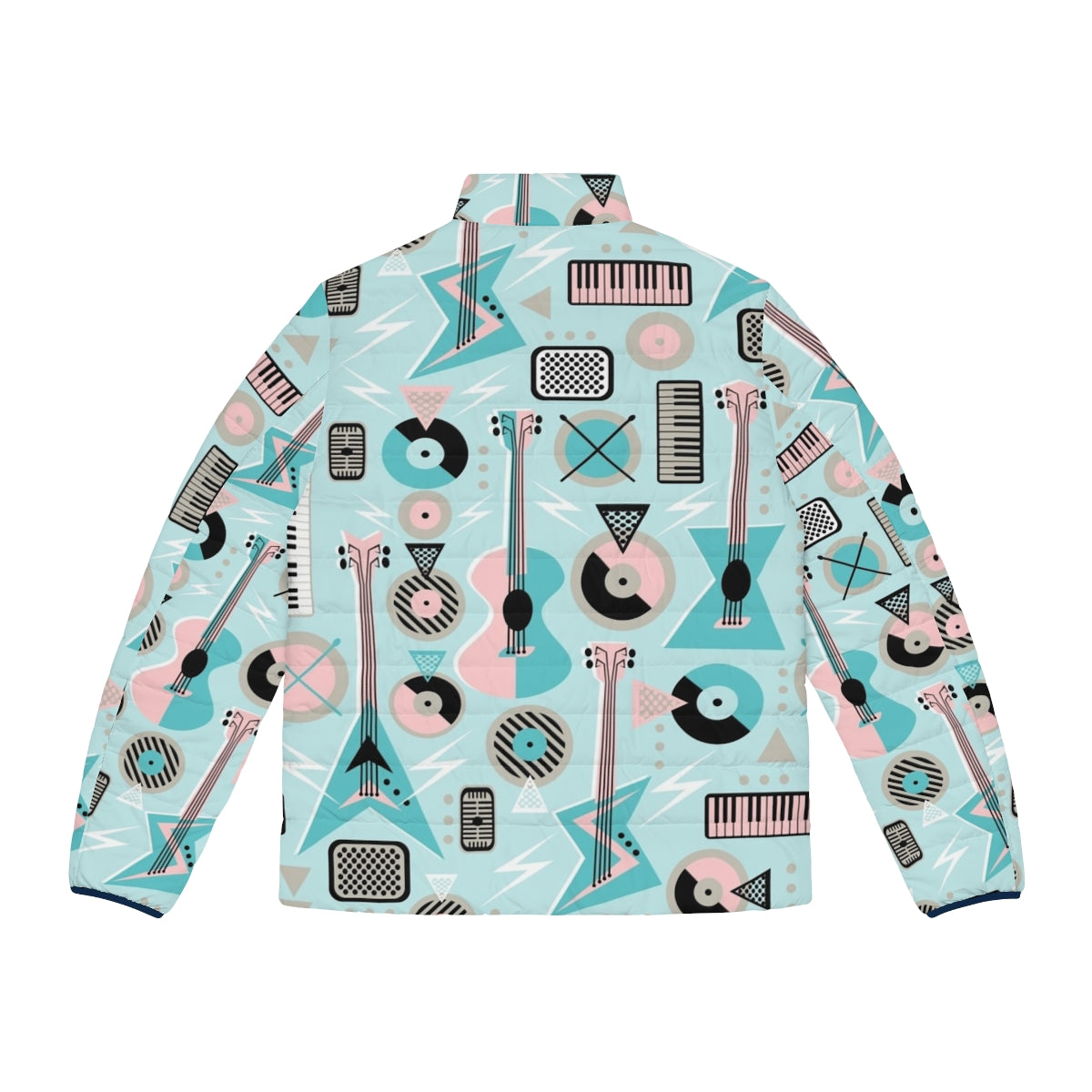 Retro musical turquoise puffer jacket with guitars, piano keys, and lightning bolt design - Back