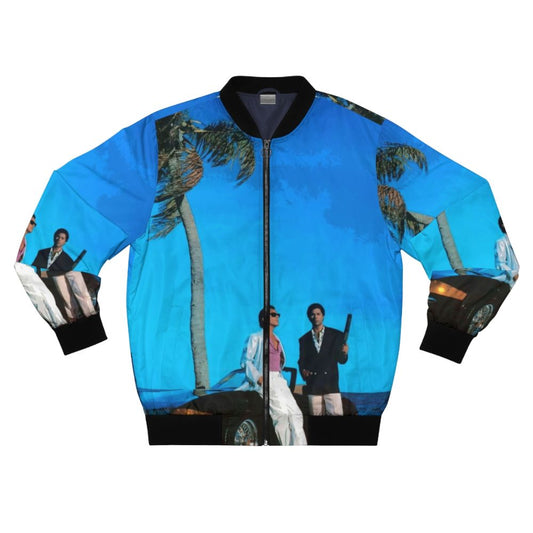 Miami Vice inspired retro bomber jacket featuring a blue illustration