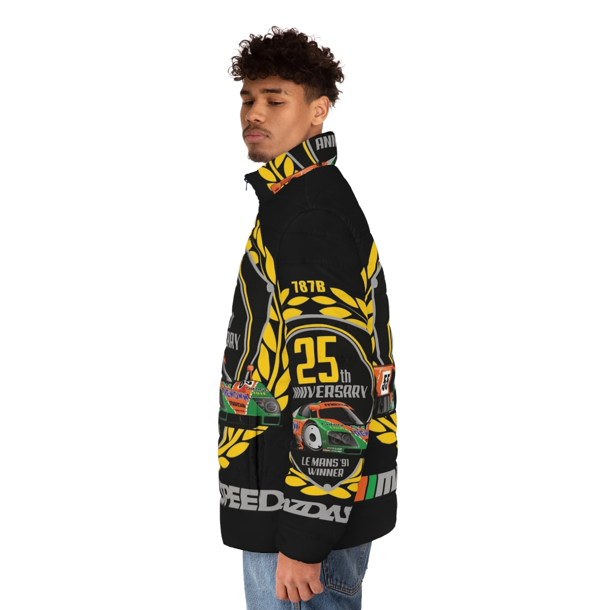 Mazda 787B Puffer Jacket featuring the iconic Le Mans racing design - men side left