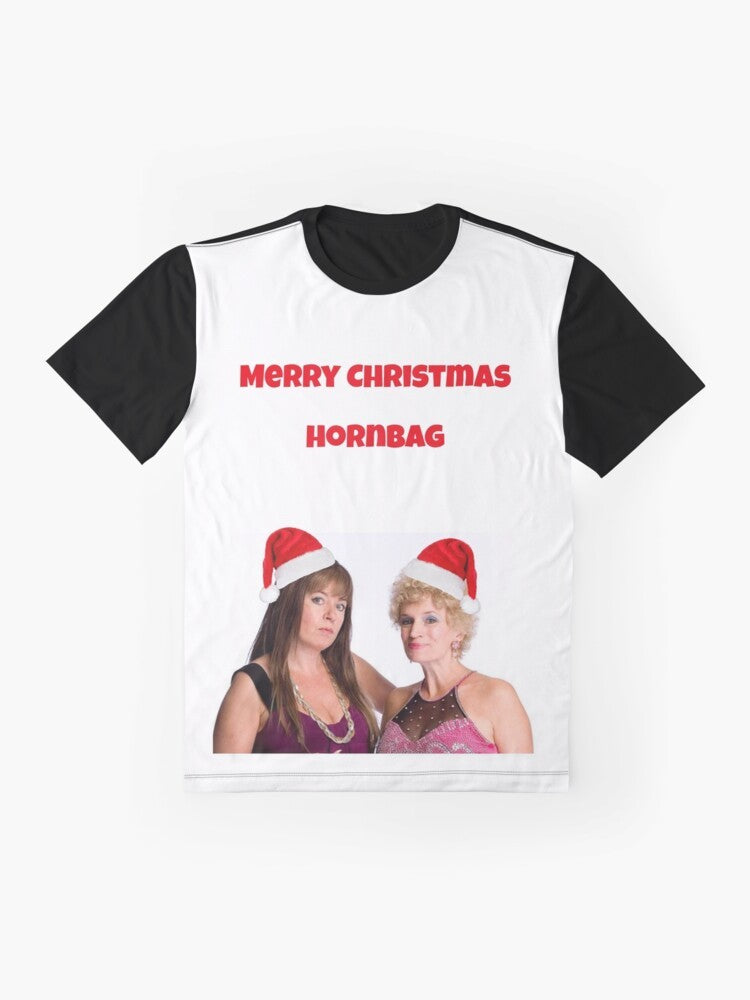 Kath and Kim Hornbag Christmas Graphic T-Shirt - Aussie Christmas Tee featuring Kath and Kim characters - Flat lay