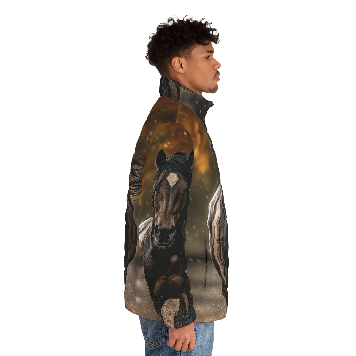 Puffer jacket featuring a bay horse trotting in the rain on an autumn day - men side right