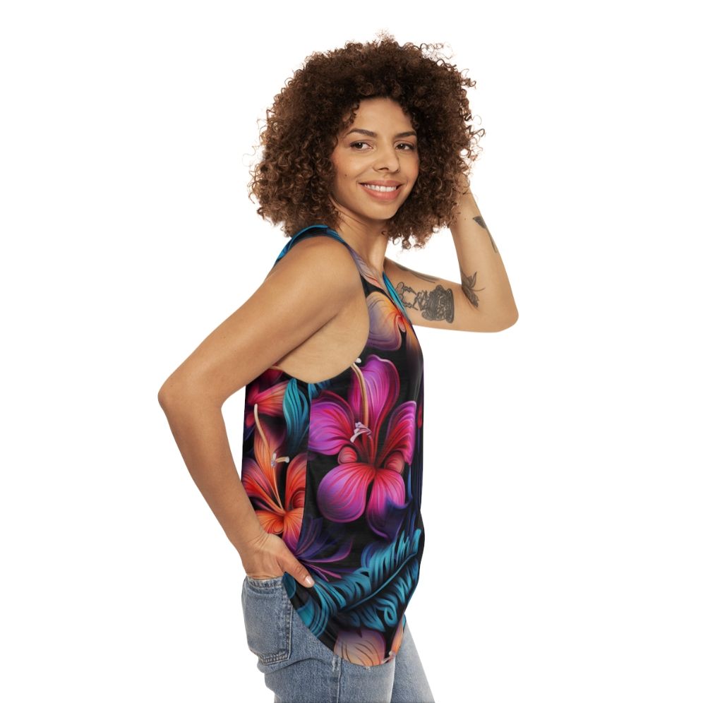 Dark Hawaiian pattern unisex tank top - women side