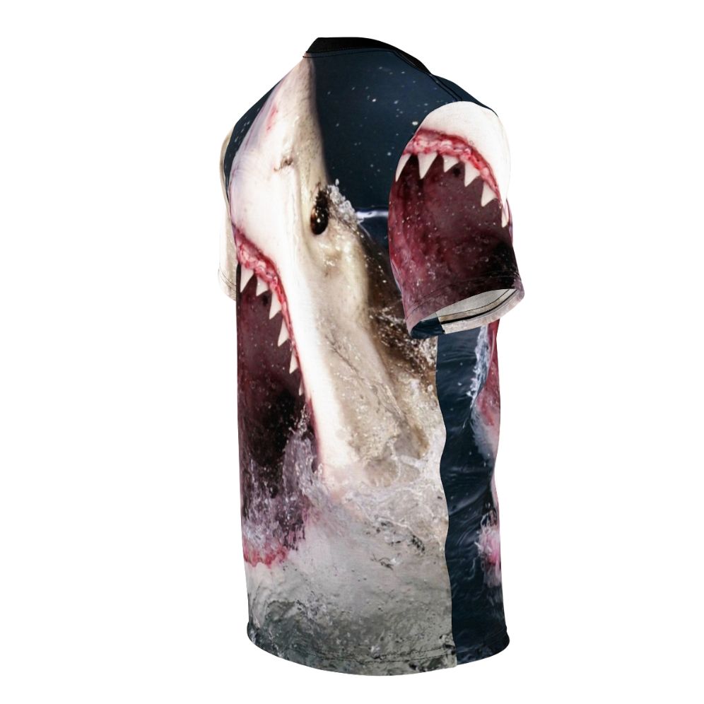 A realistic 3D graphic of a shark taking a bite out of a t-shirt on a solid background. - men right