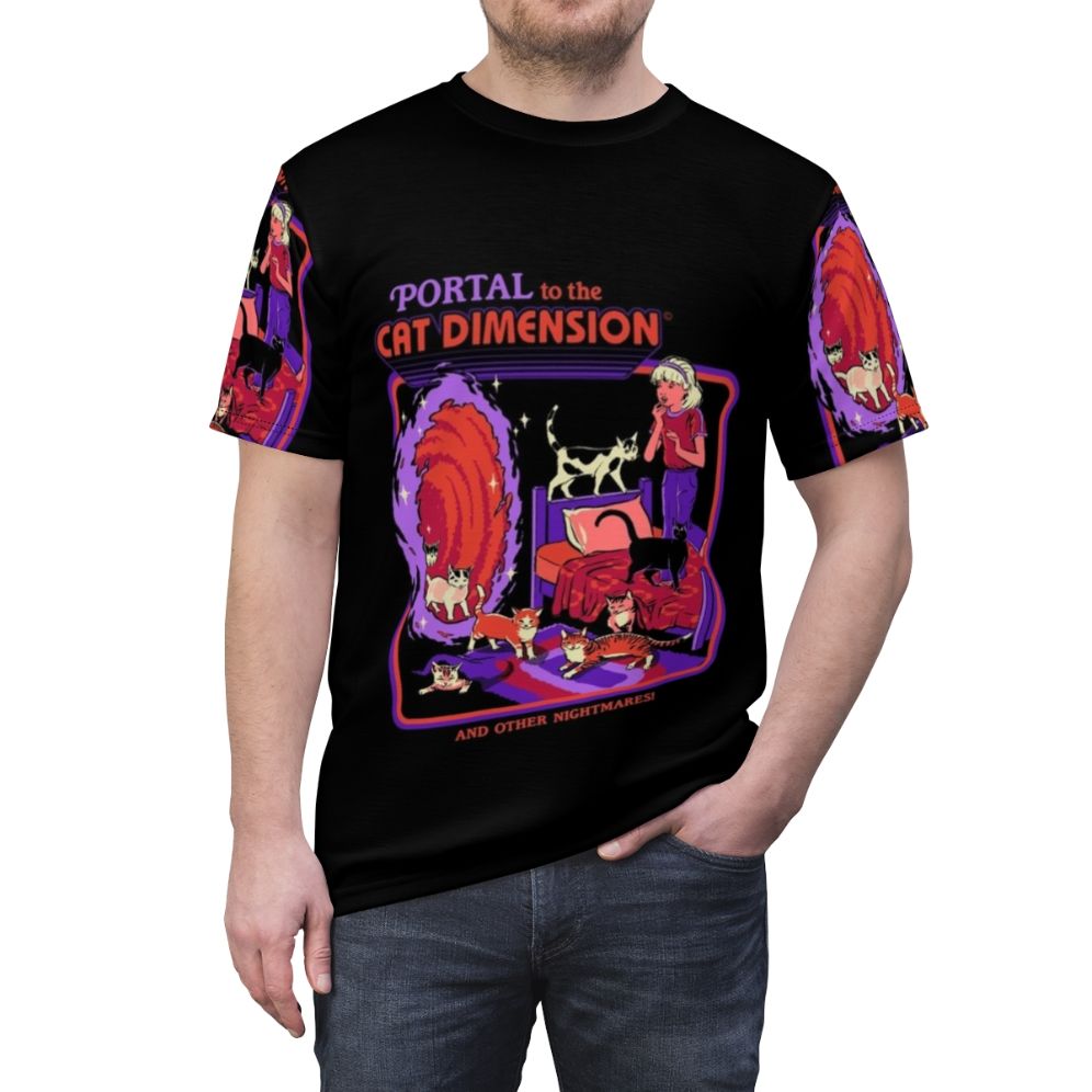 Dimensional Cat Sci-Fi Vintage T-Shirt featuring a portal to another dimension and a cat - men front