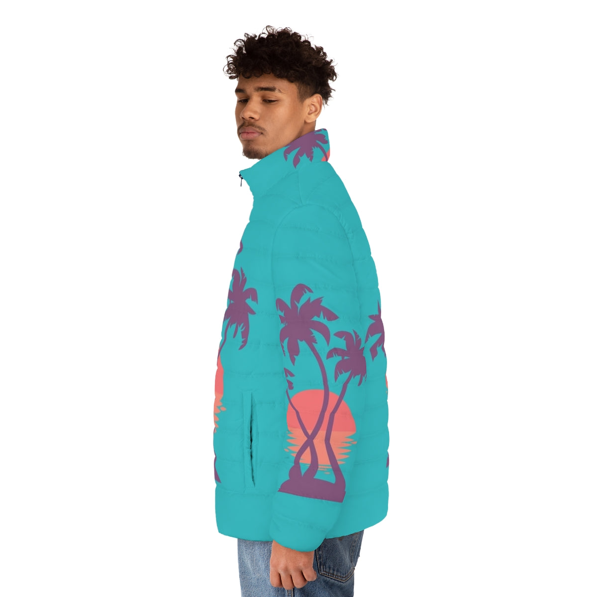 Puffer jacket with palm tree and tropical sunset design - men side left