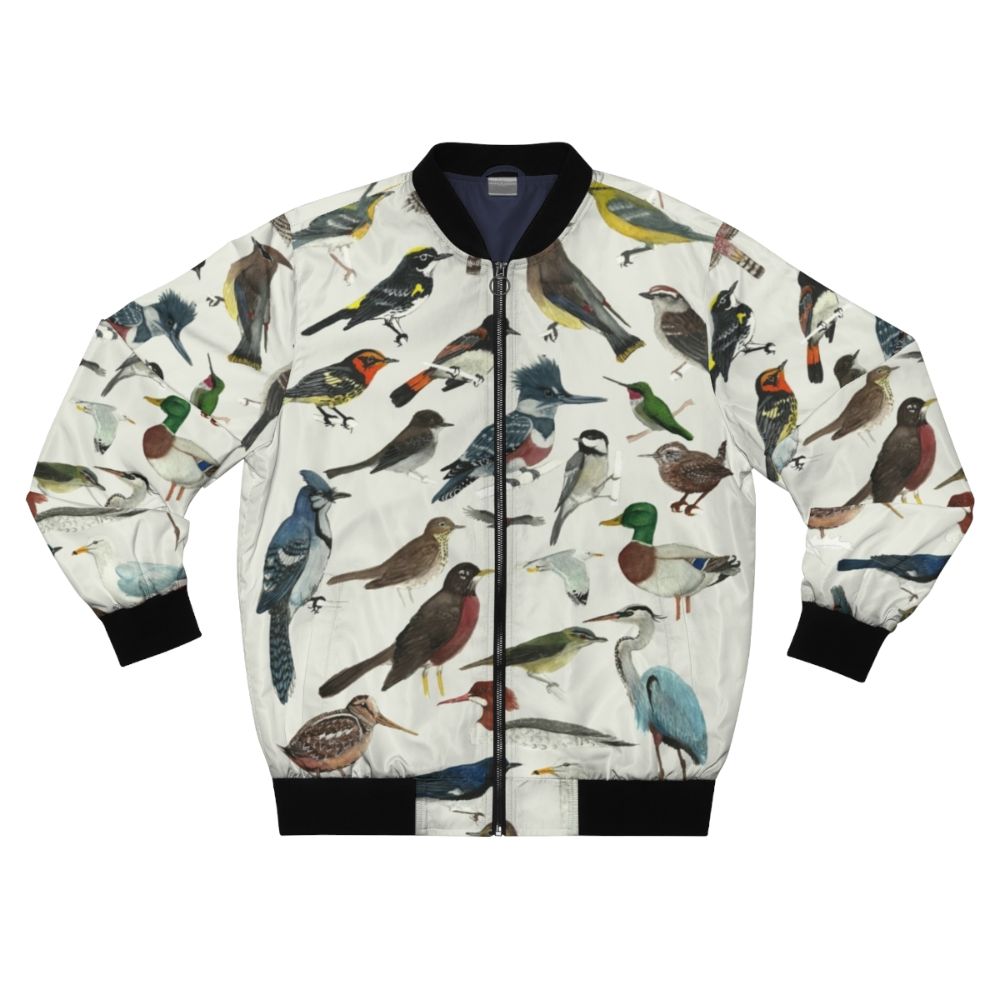 Stylish bomber jacket featuring illustrations of various bird species, including warblers, herons, hummingbirds, and more.