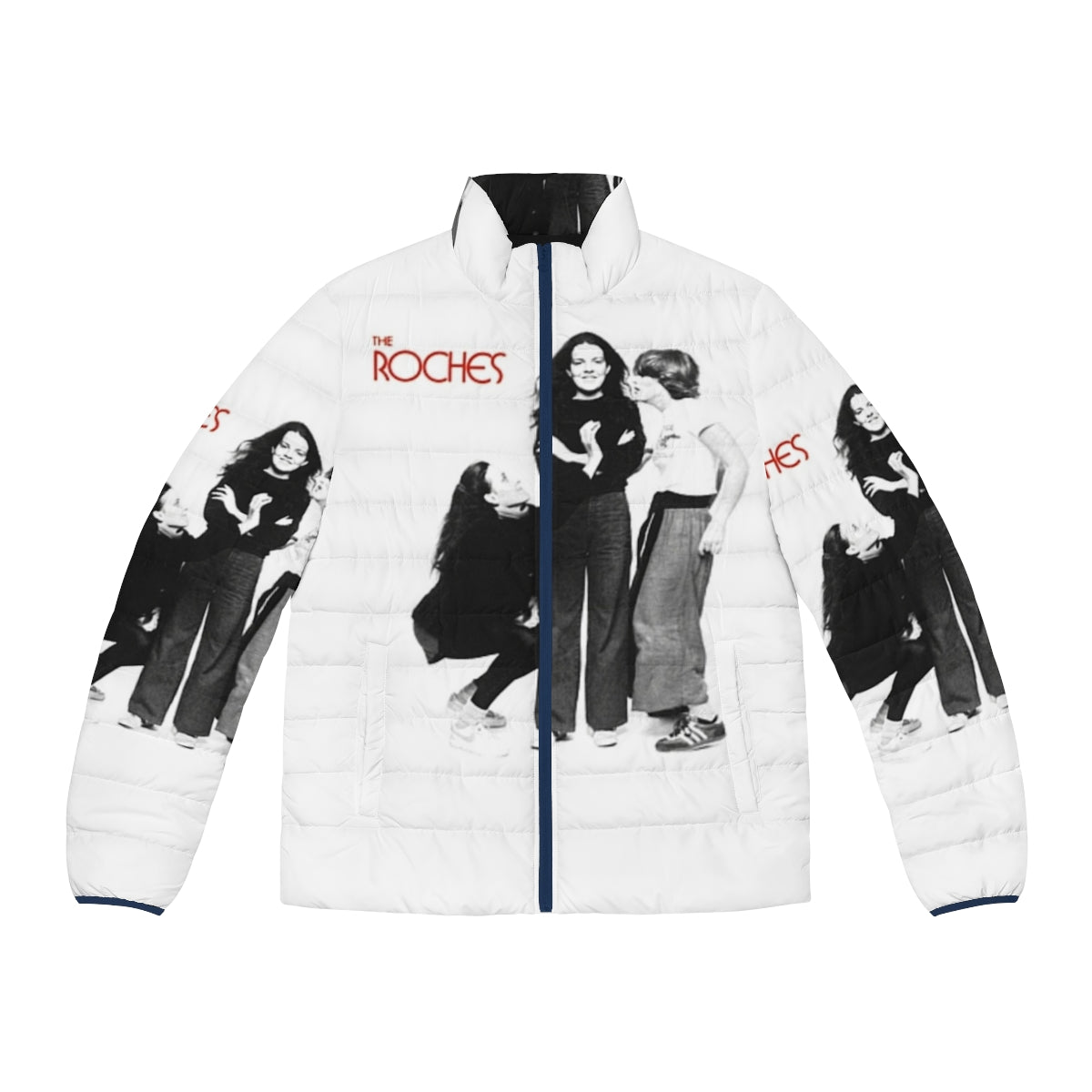 A cozy puffer jacket featuring the iconic folk band The Roches