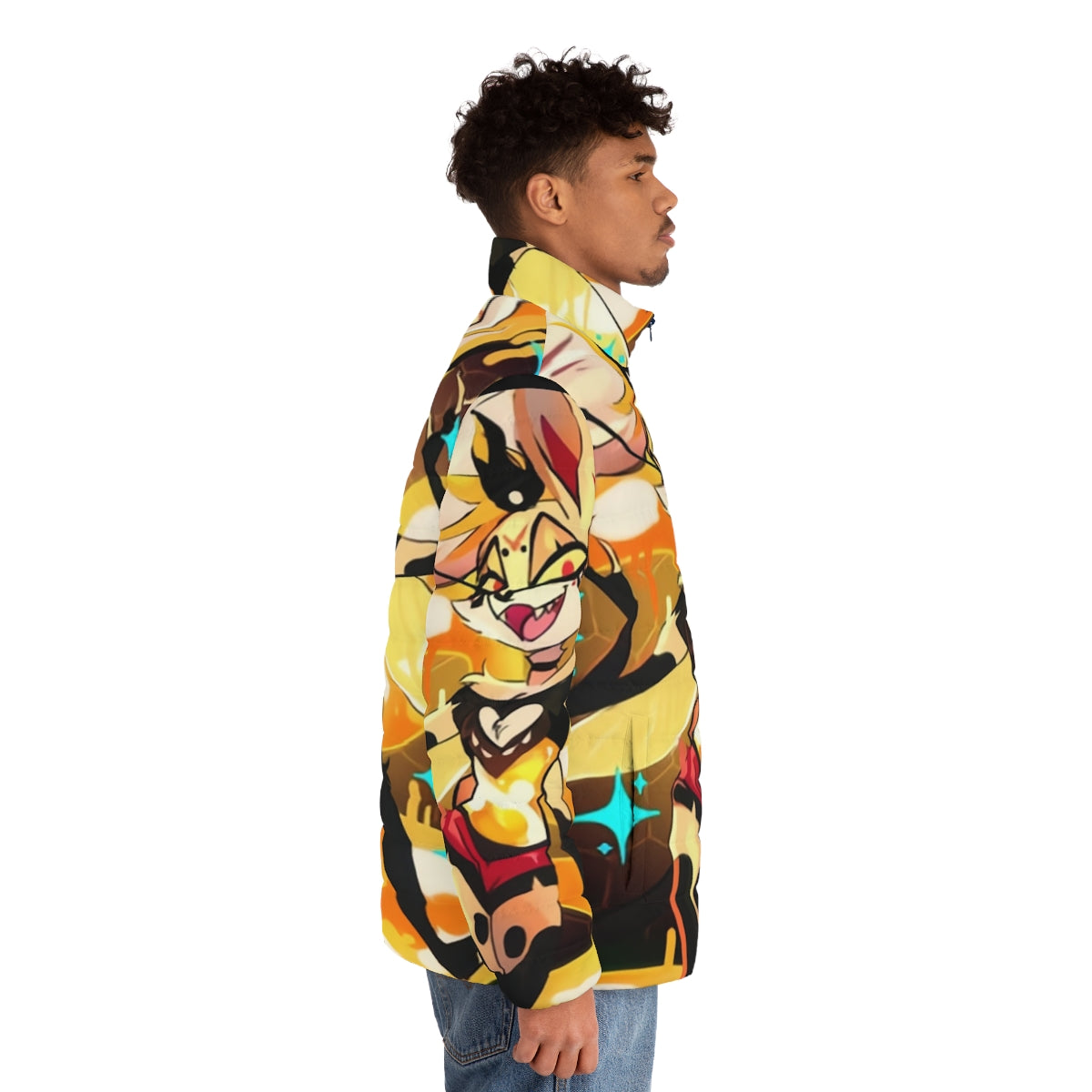 Beelzebub Helluva Boss inspired fiery puffer jacket with cartoon character design - men side right