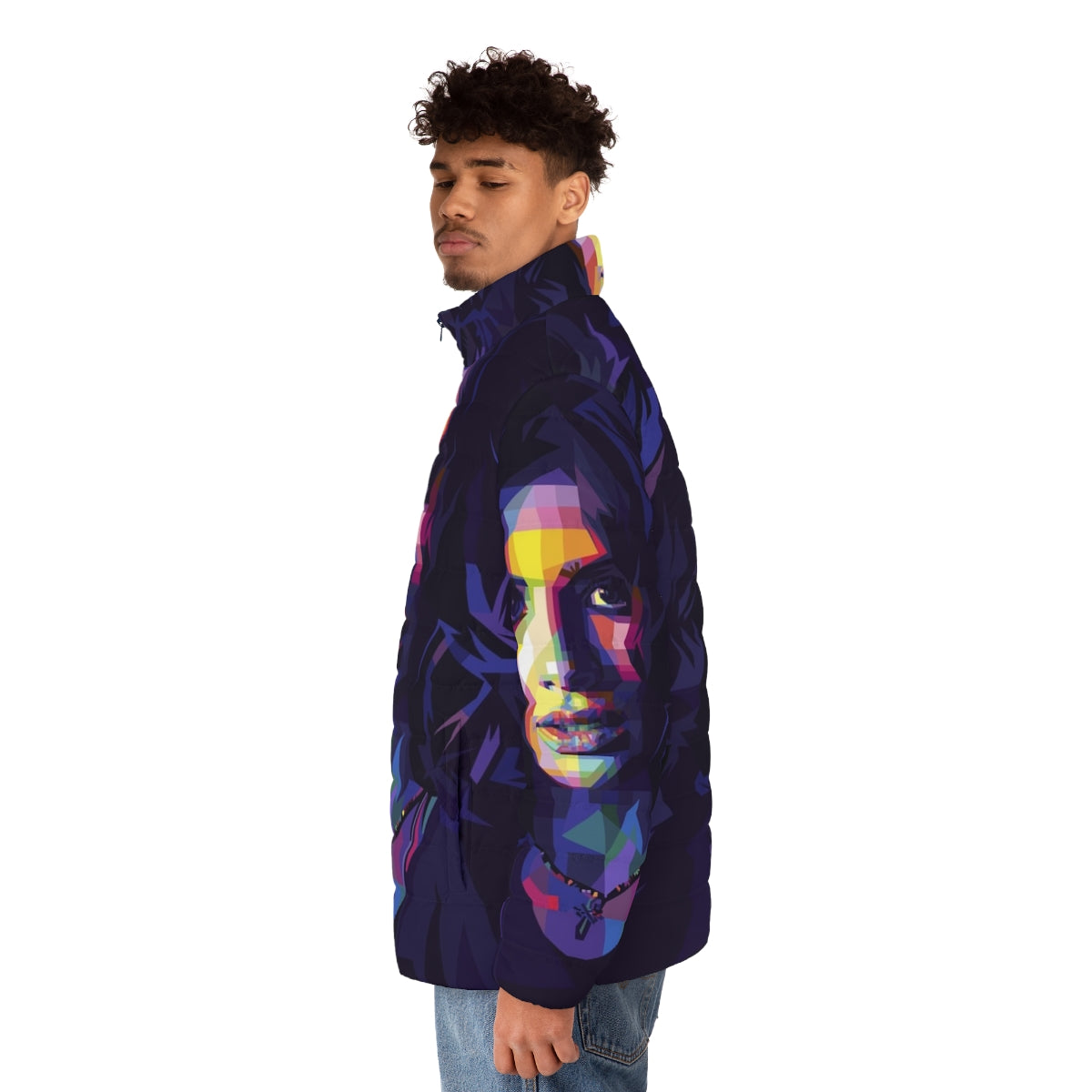 Colorful puffer jacket featuring a portrait of Crazy Jane from the DC Universe series Doom Patrol - men side left