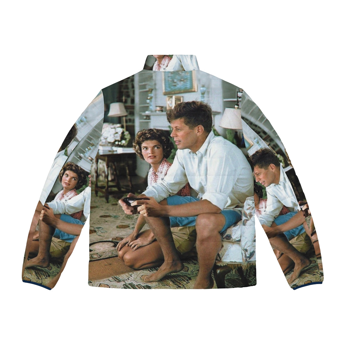 Vintage puffer jacket featuring an image of John F. Kennedy playing a video game console - Back