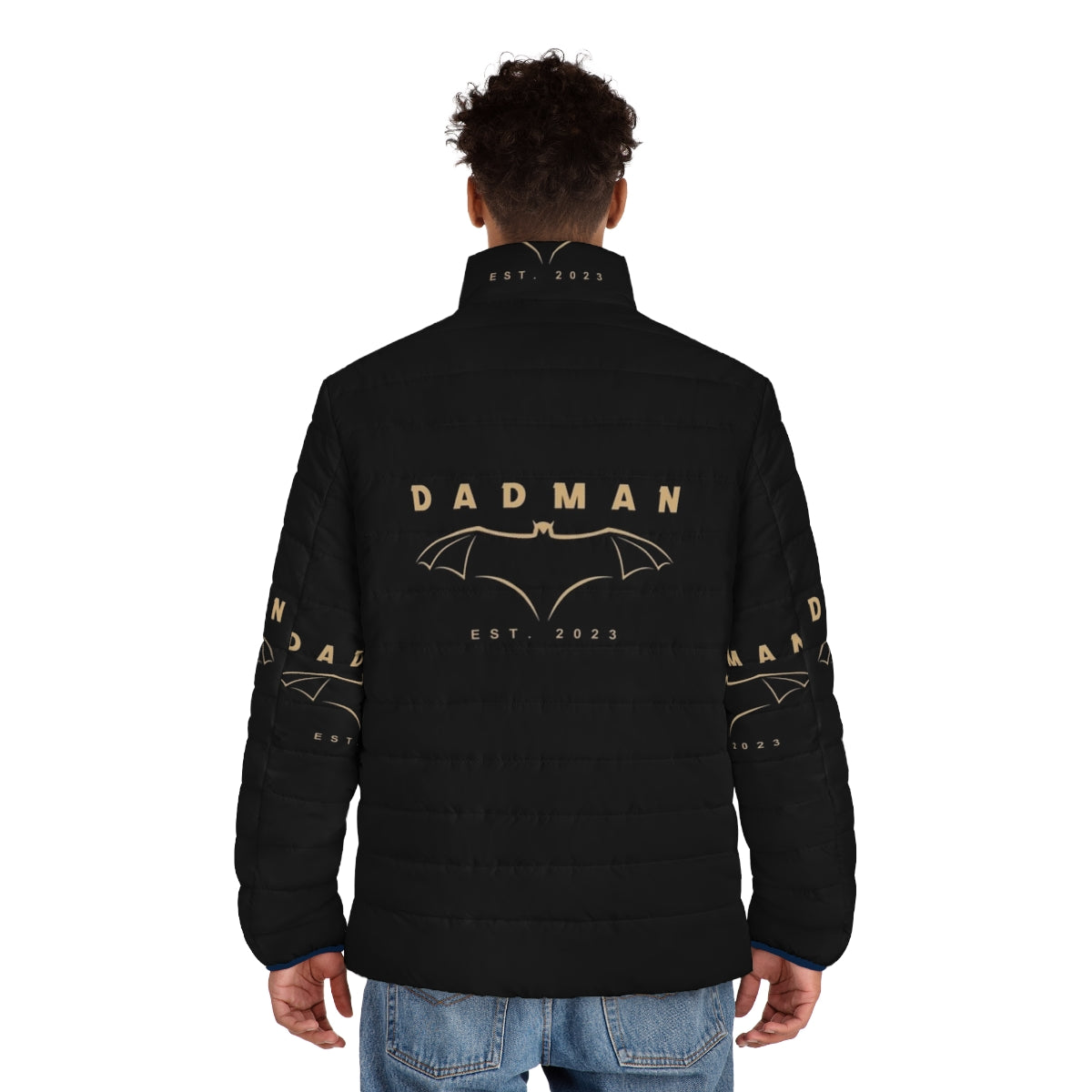 A puffer jacket with a superhero design featuring a dad character - men back