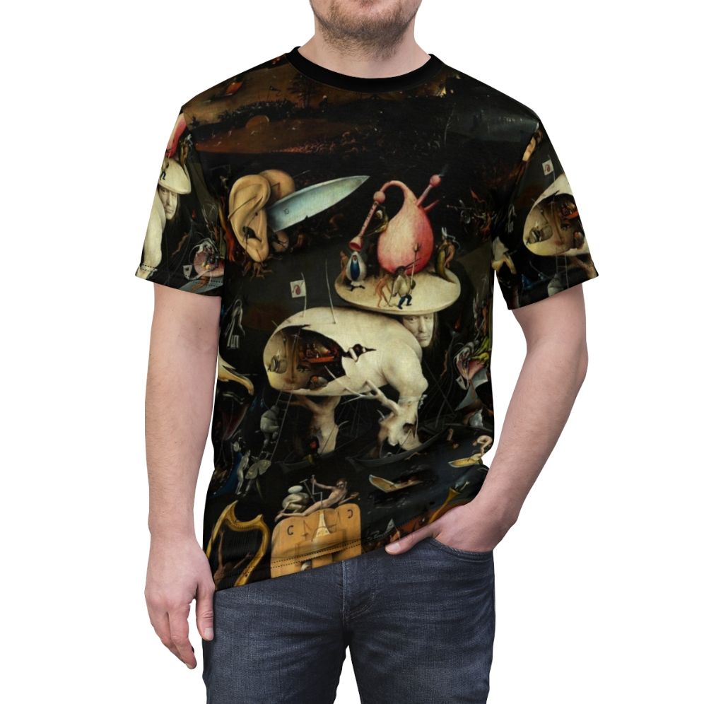 Surreal t-shirt design inspired by the fantastical and mysterious artwork of Hieronymus Bosch, featuring demonic figures, biblical themes, and a visually striking, surrealistic landscape. - men front