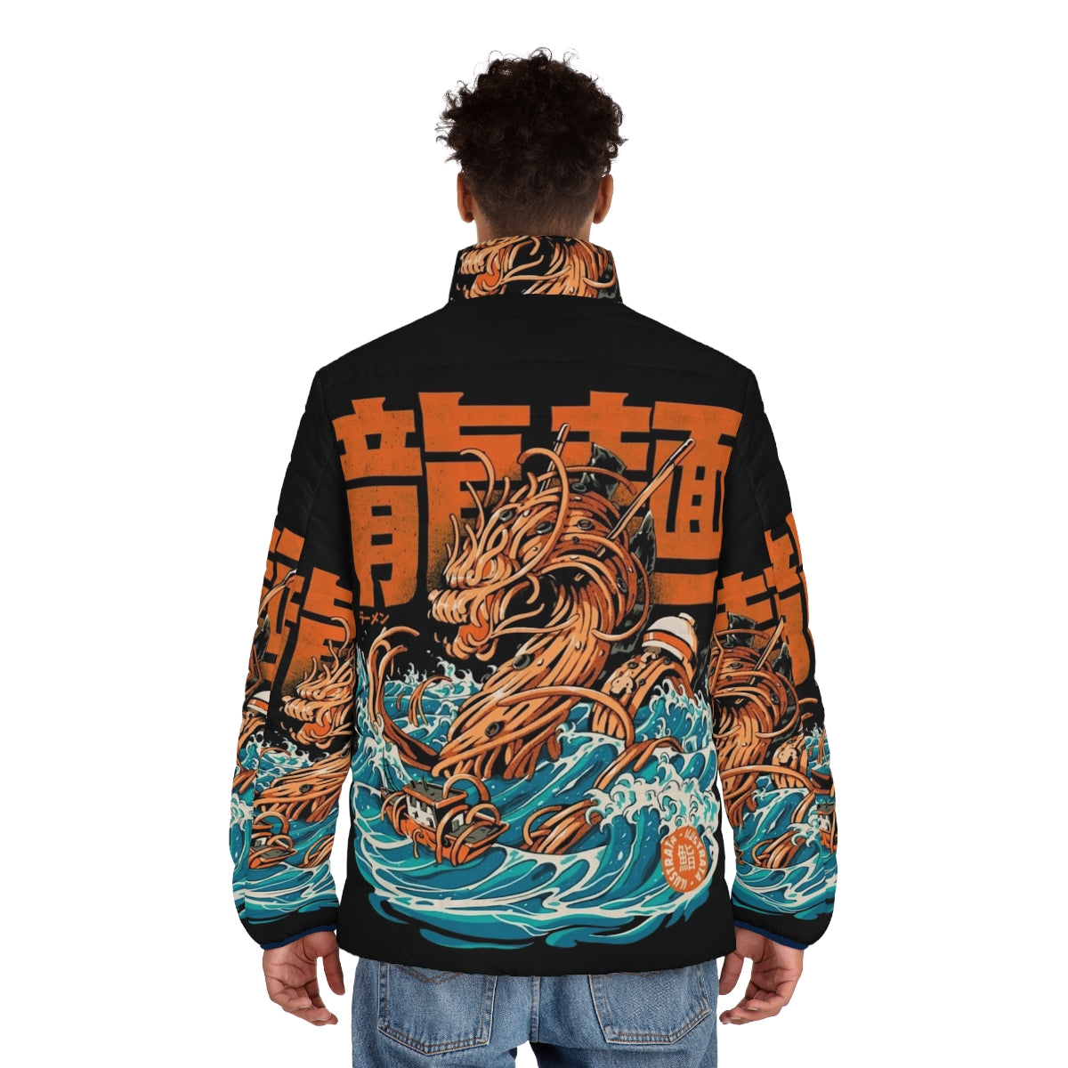 An anime-inspired puffer jacket featuring a ramen dragon design, inspired by the famous Kanagawa Wave artwork. - men back