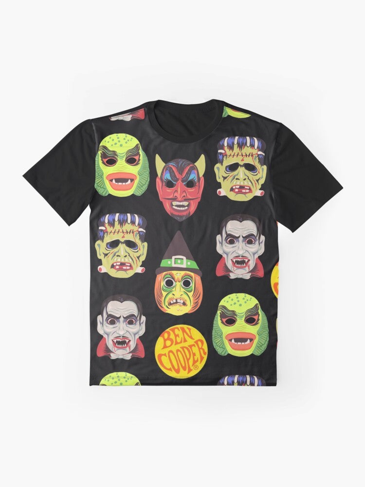 Vintage Halloween Masks Graphic T-Shirt with classic monster designs - Flat lay