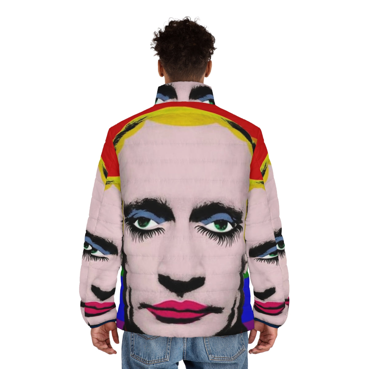 Gay Putin Pride Flag Puffer Jacket - Satirical LGBTQ fashion statement - men back