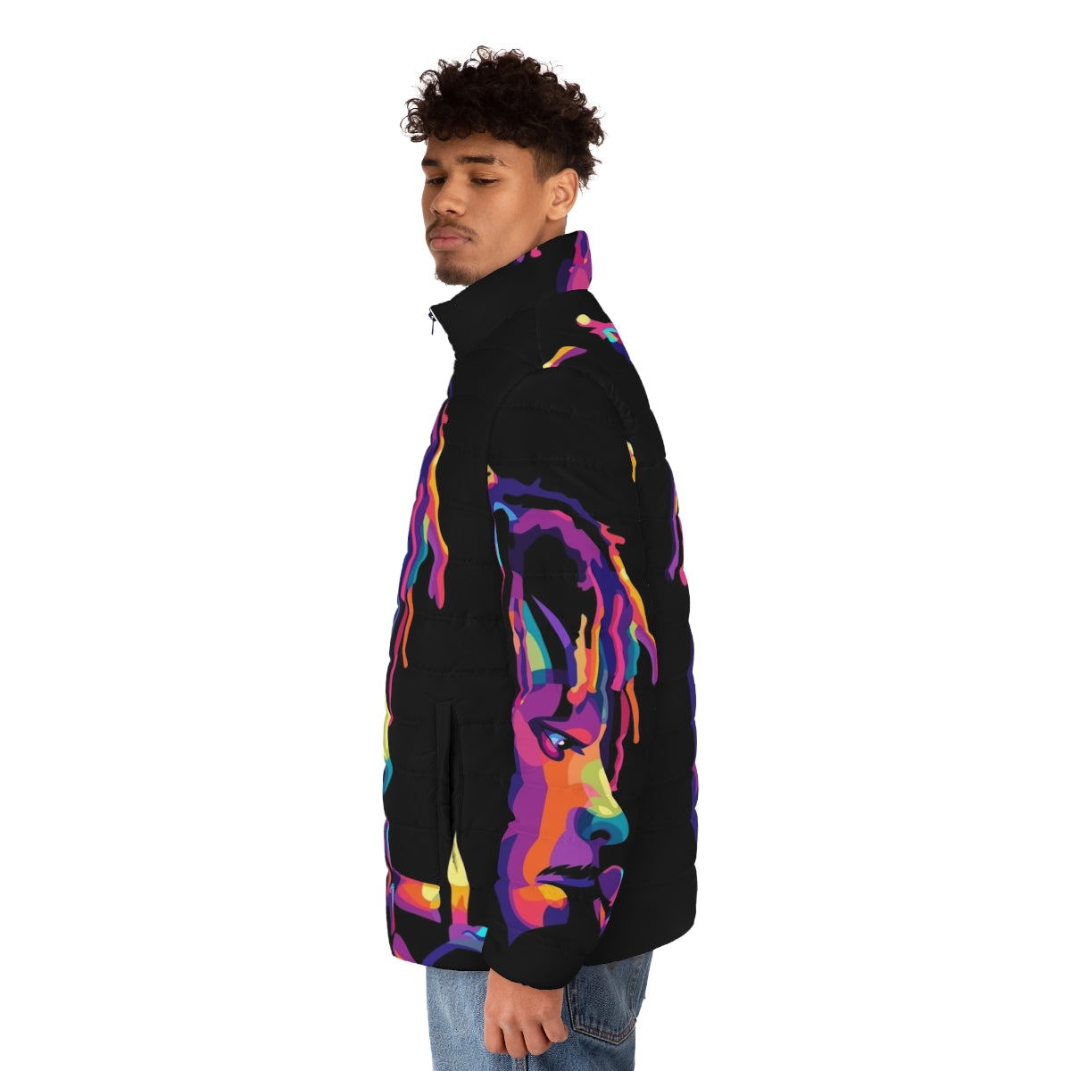 999 Legend Never Die Puffer Jacket with colorful music-inspired design - men side left