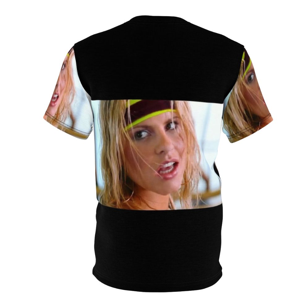 Woman wearing a vibrant t-shirt featuring the iconic "Call On Me" electronic dance music design - Back