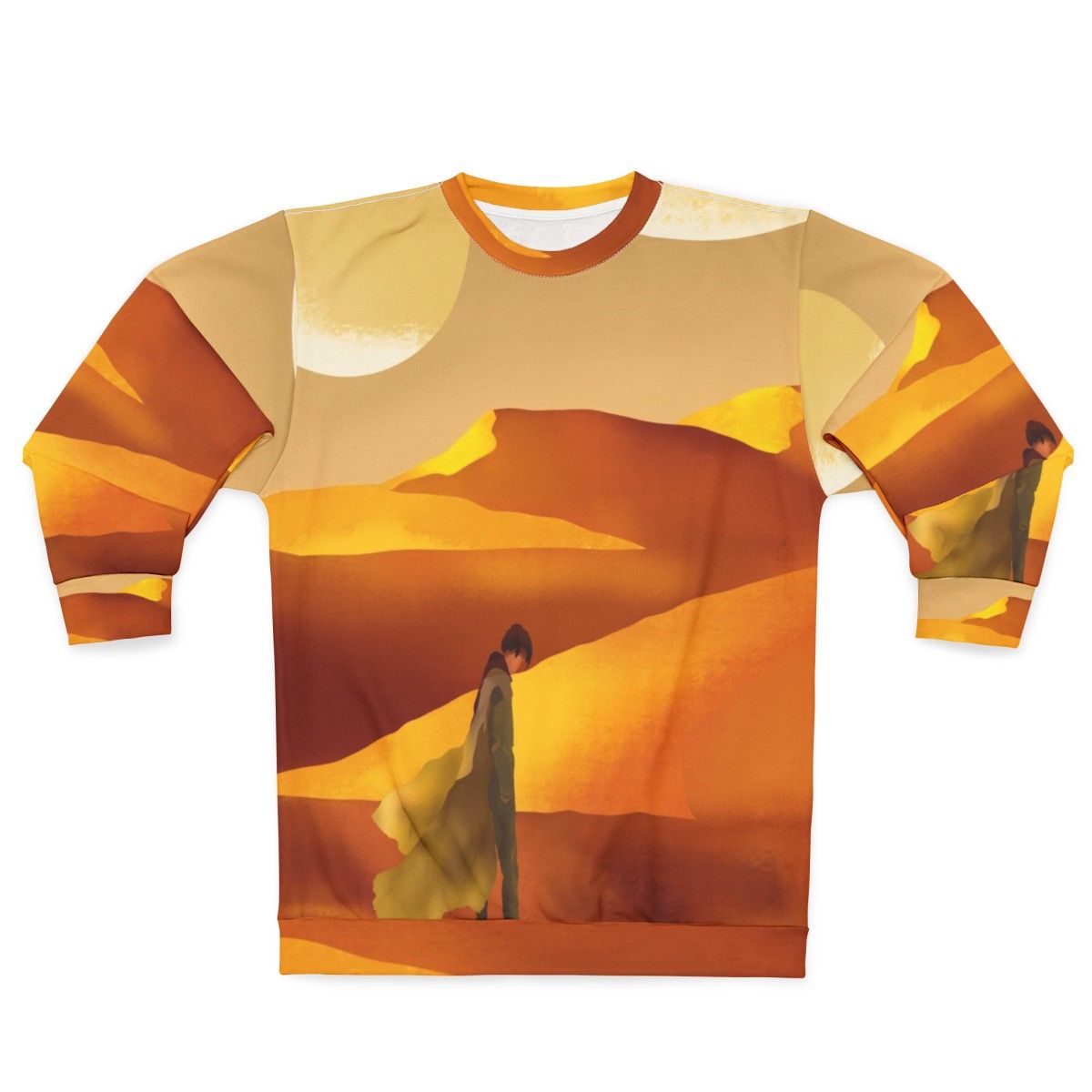 Dune movie inspired sweatshirt with sandy landscape and moons