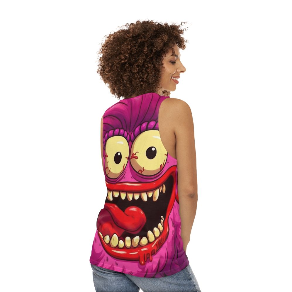 Vibrant sassy big mouth hormone monster unisex tank top - women back