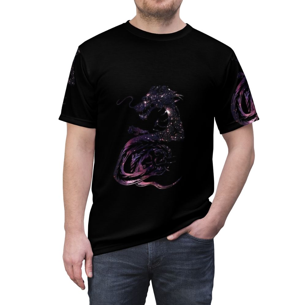 Cosmic dragon mythological creature design on an all-over print t-shirt - men front