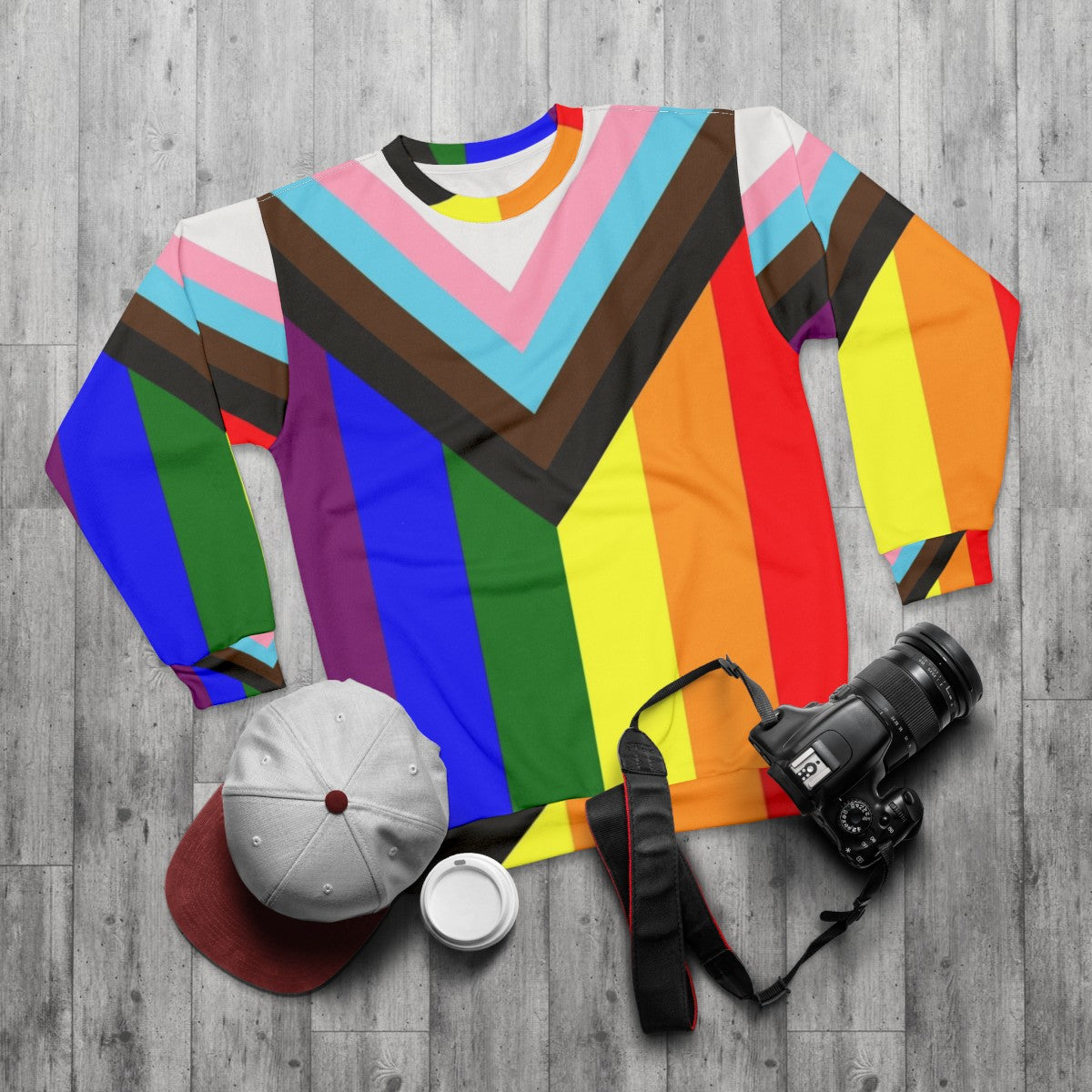 Progress Pride Flag Sweatshirt - LGBTQ+ Clothing - flat lay