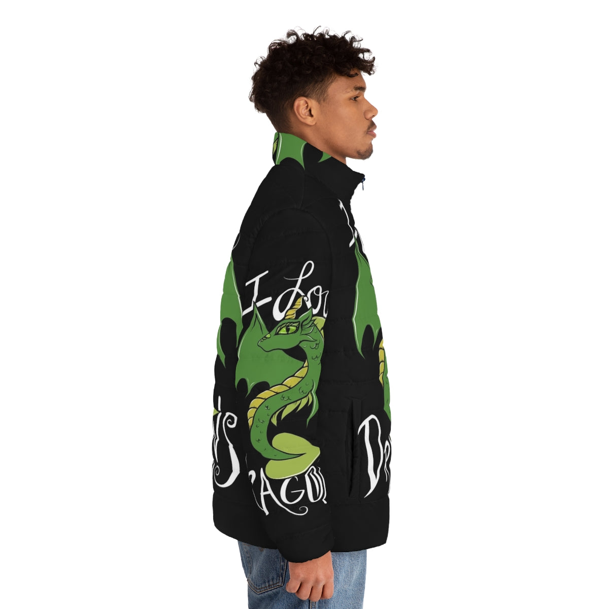 "I Love Dragons" puffer jacket featuring a green dragon design - men side right