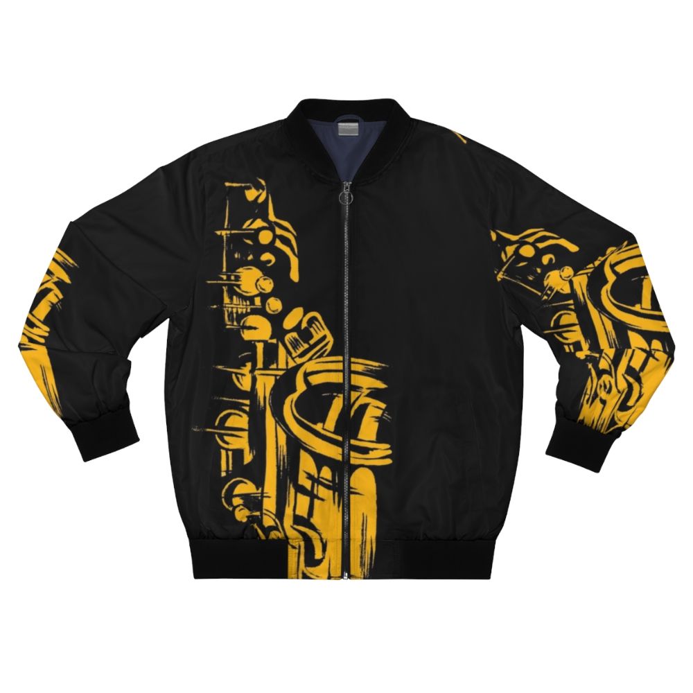 Stylish saxophone-themed bomber jacket with a metallic silhouette design