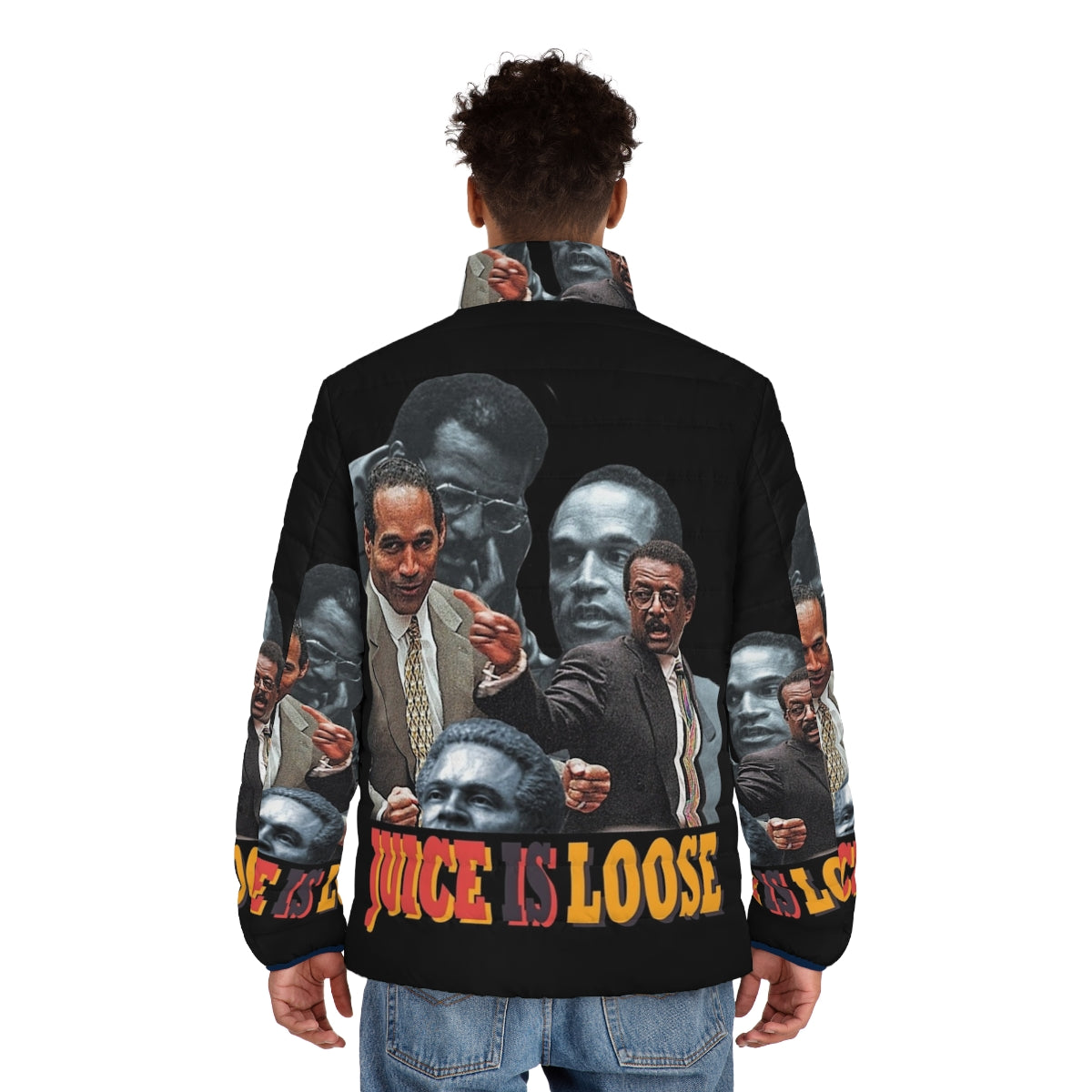 Juice Is Loose vintage 90s puffer jacket featuring OJ Simpson Ford Bronco design - men back