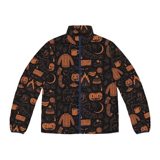 Autumn Nights Halloween Puffer Jacket with Pumpkins, Bats, and Witchy Details