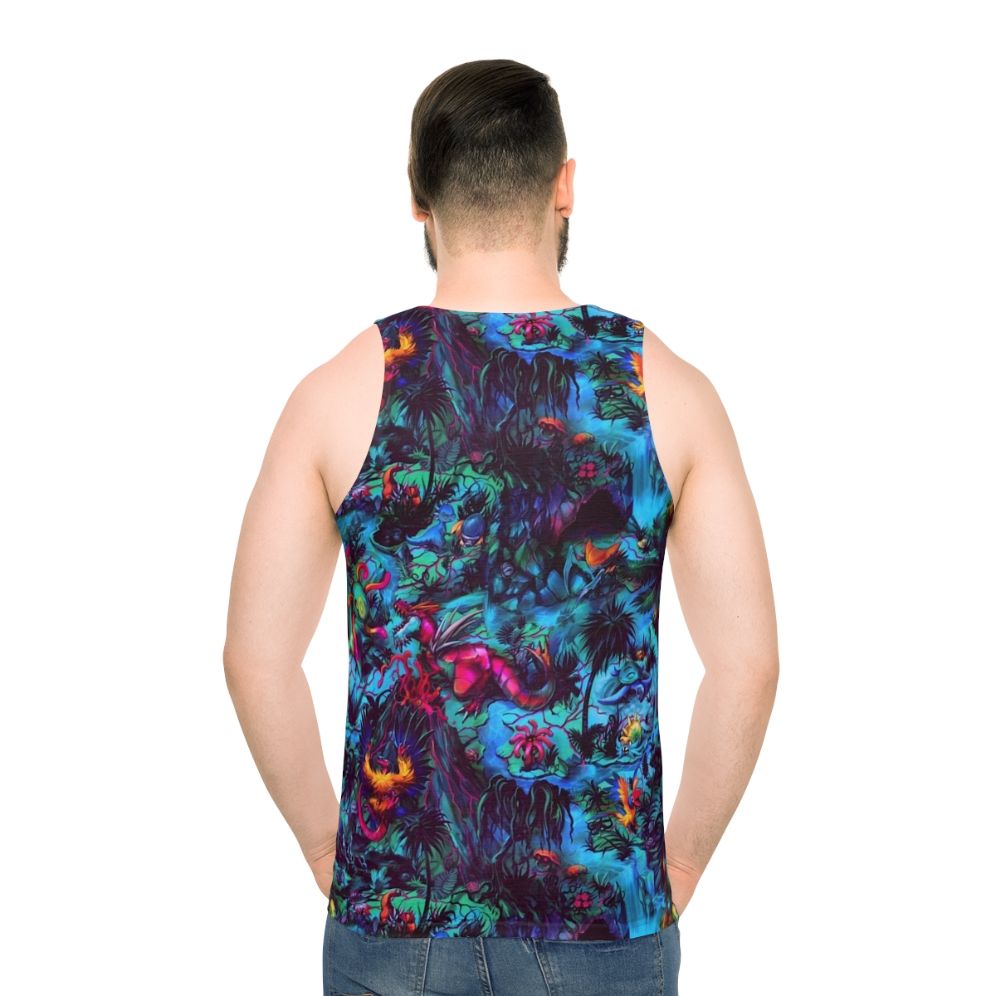 Paleo party dinosaur tank top with trippy neon prehistoric creatures - men back