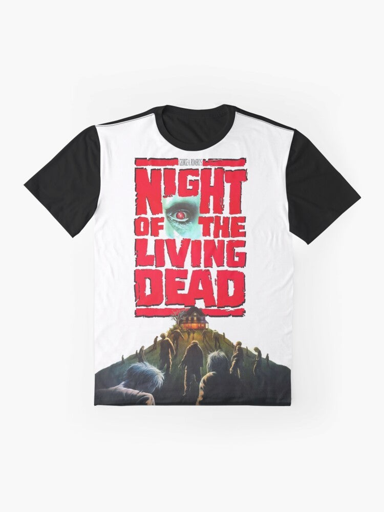 "Night of the Living Dead horror movie-inspired graphic t-shirt design with zombie, horror, and Halloween imagery" - Flat lay