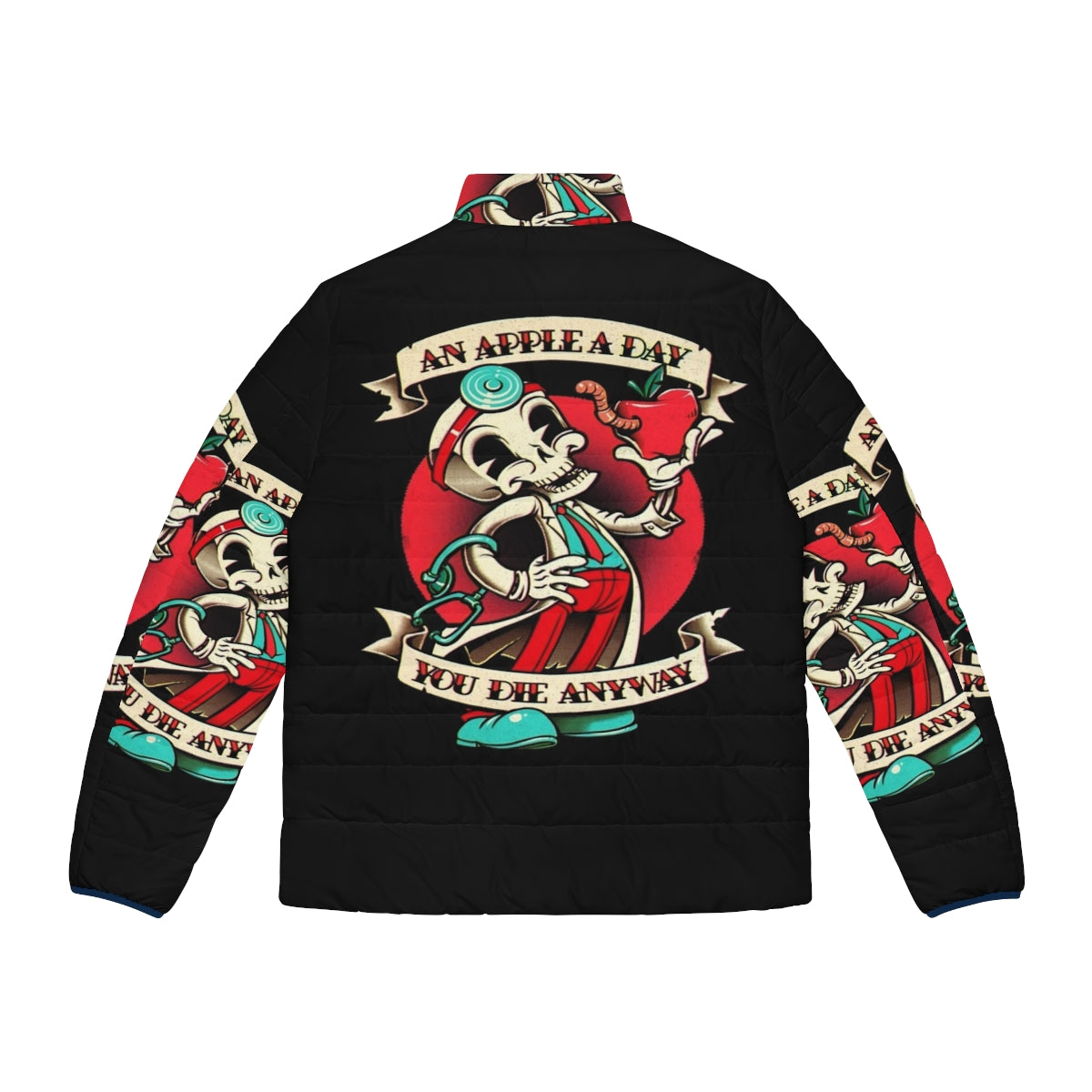 An Apple A Day You Die Anyway Puffer Jacket 2 with a skeleton, apple, and worm design - Back